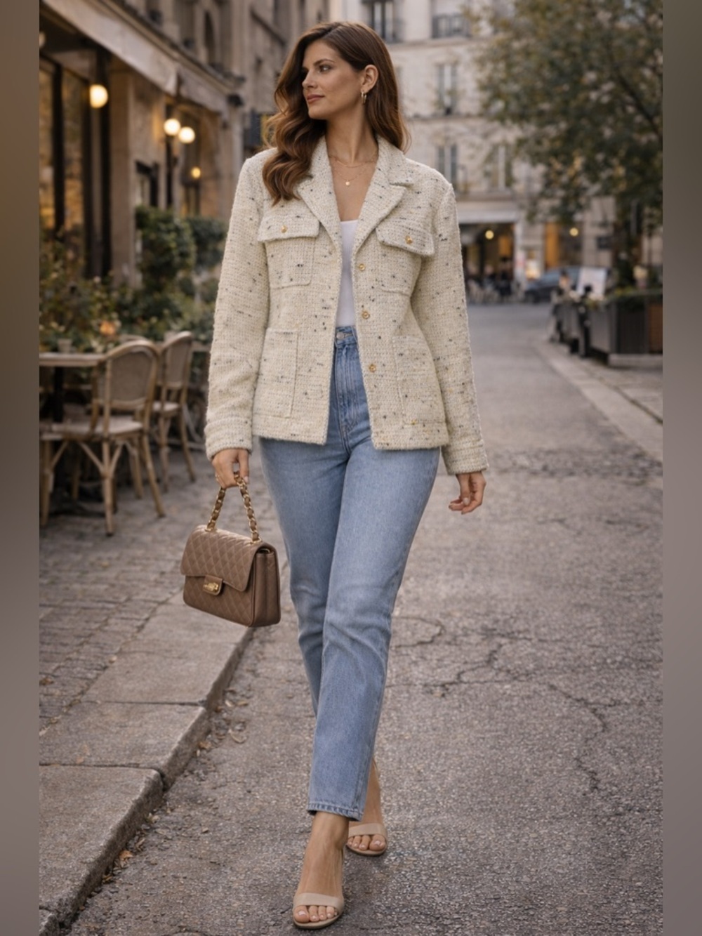 Anine Bing Leon Teddy Jacket Cream Tweed Relaxed Fit XS Wool